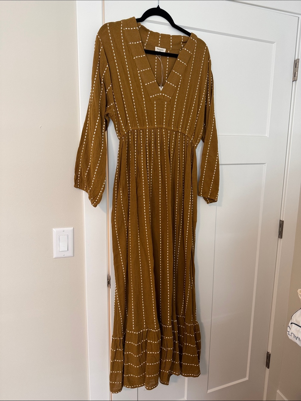Cost Plus World Market Mustard Brown Maxi Dress with White Stitching
